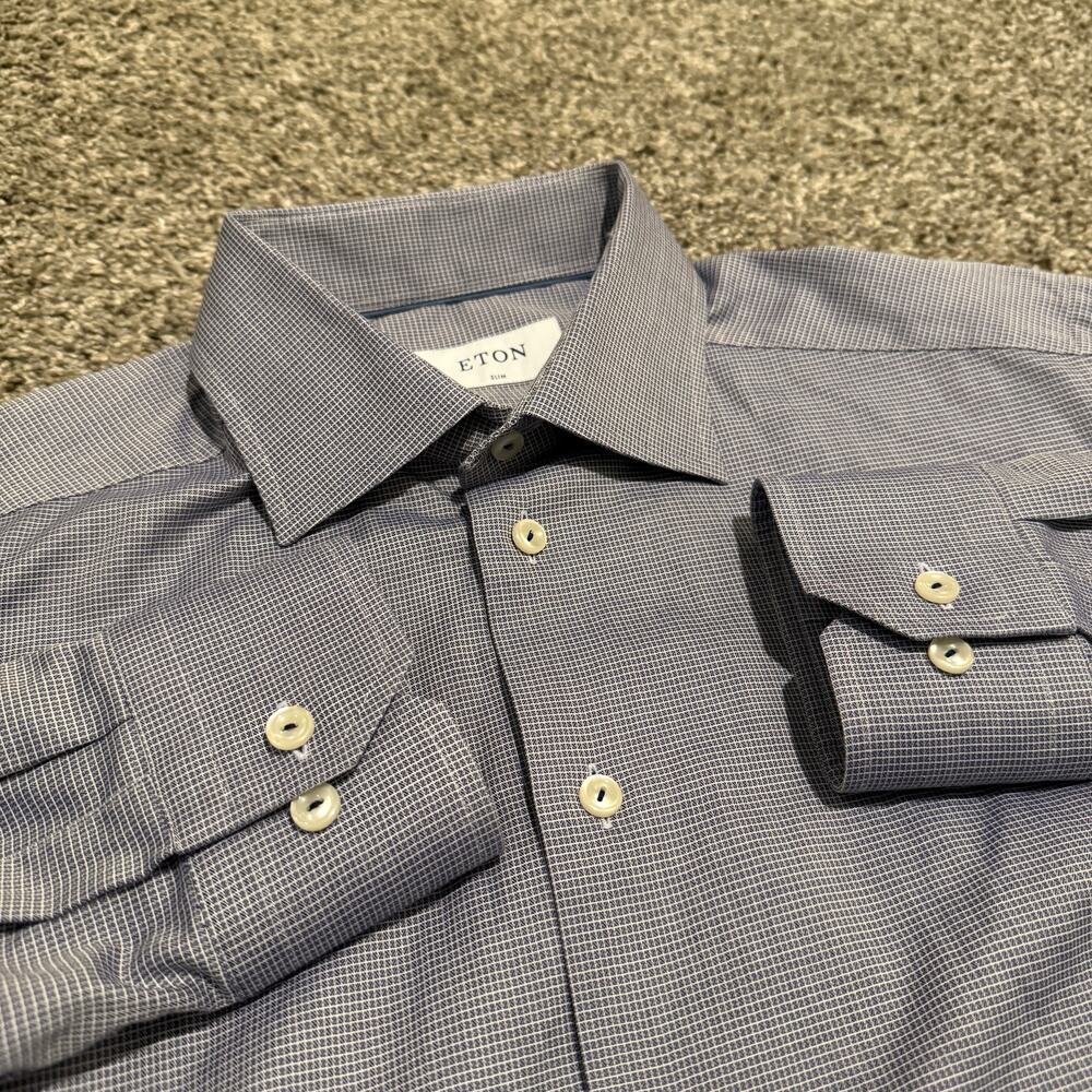 Eton Signature Twill Slim Fit Dress Shirt Mens 16.5/42 Gray Blue